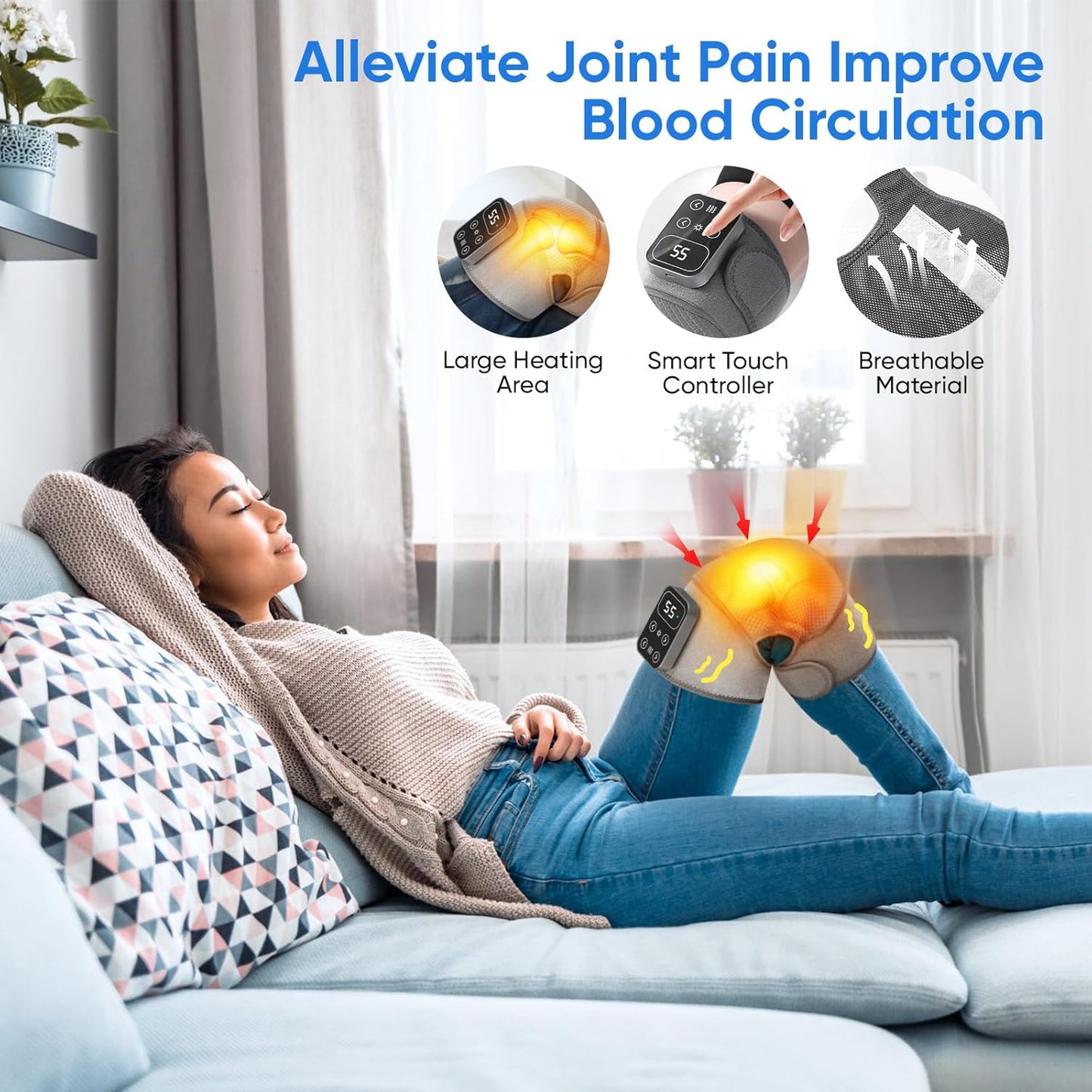 Heated Knee Massager, Cordless Heated Knee Support Wrap with Massage & Vibration, 5 Heating Modes, Rechargeable Knee Brace Warmer for Knee Elbow Shoulder Relax, Muscle Strain Joint Stiff Pain Relief