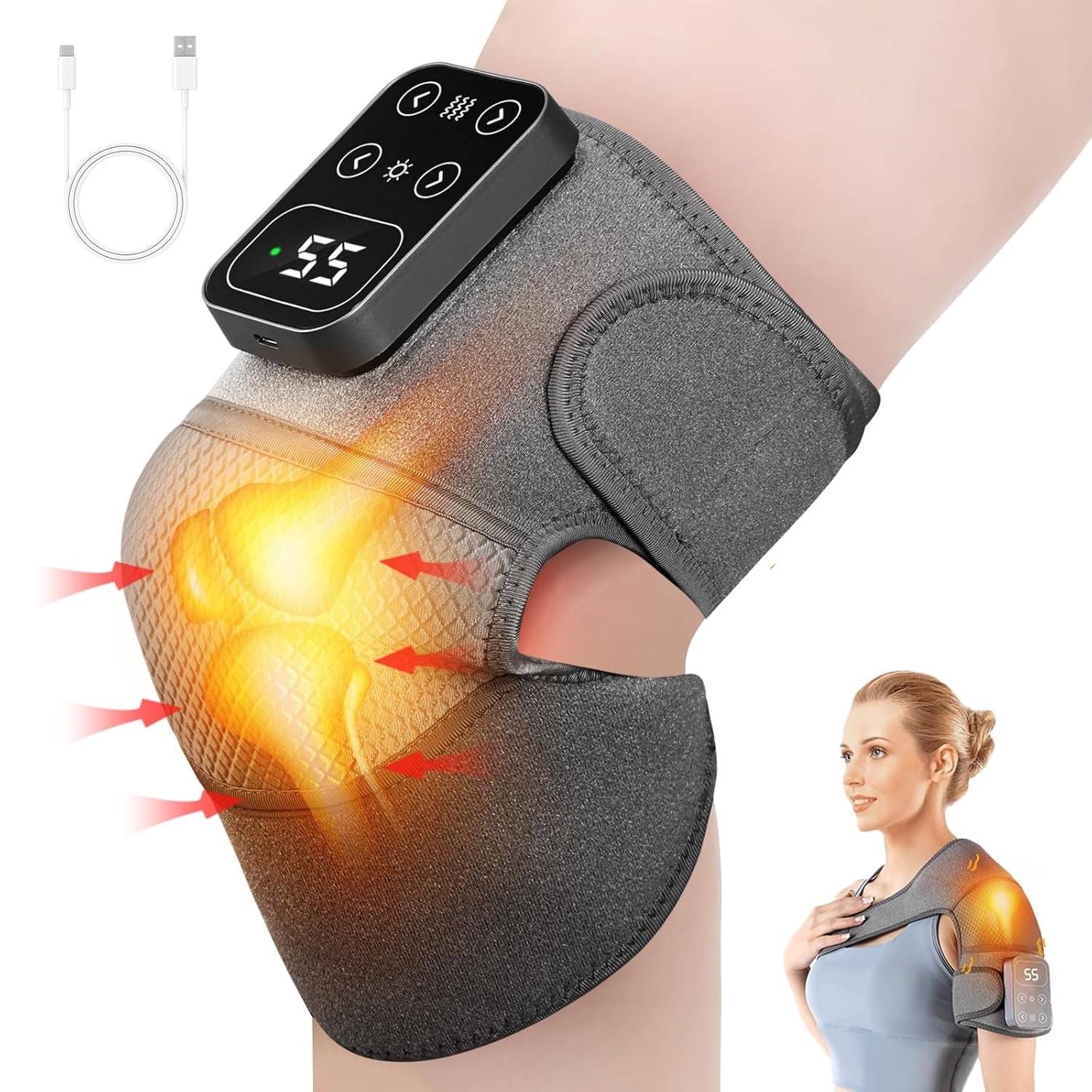 Heated Knee Massager, Cordless Heated Knee Support Wrap with Massage & Vibration, 5 Heating Modes, Rechargeable Knee Brace Warmer for Knee Elbow Shoulder Relax, Muscle Strain Joint Stiff Pain Relief