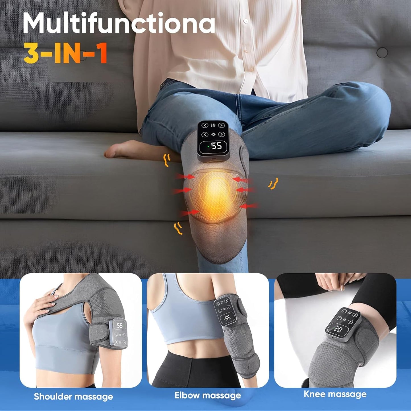 Heated Knee Massager, Cordless Heated Knee Support Wrap with Massage & Vibration, 5 Heating Modes, Rechargeable Knee Brace Warmer for Knee Elbow Shoulder Relax, Muscle Strain Joint Stiff Pain Relief